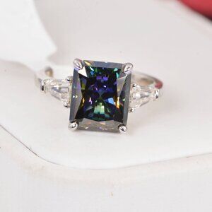 Certified 5.5ct Rainbow Blue Emerald Cut Engagement Moissanite Ring 925